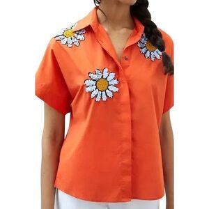 Anthropologie Orange Boxy Button Down Shirt with Notched Collar